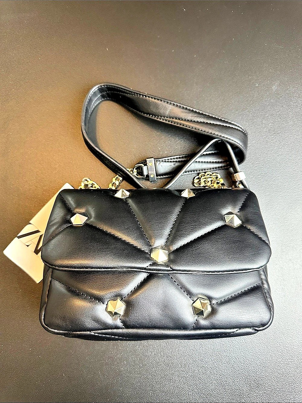 Zara Quilted Studded Shoulder Bag in Black